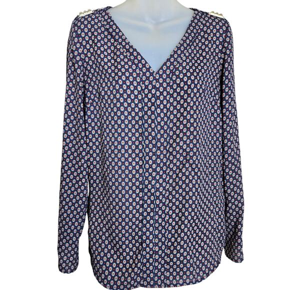 Zac & Rachel Womens Blouse Small Navy Geometric Print V Neck Roll Tab Sleeve Top - Picture 1 of 11